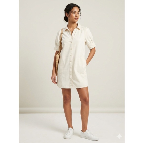 Lilla P Dresses & Skirts - Lilla P Cream Canvas Button Down Shirt Dress‎ Puff Sleeve Mini PA2290 Size L